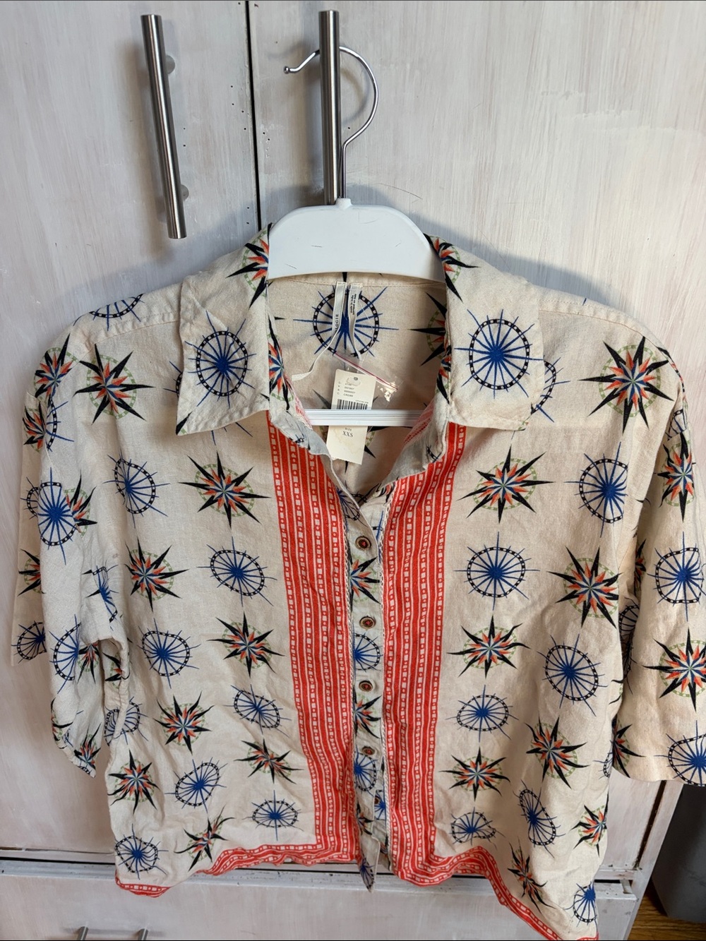 Anthropologie Beige Printed Short-Sleeve Shirt with Red Accent